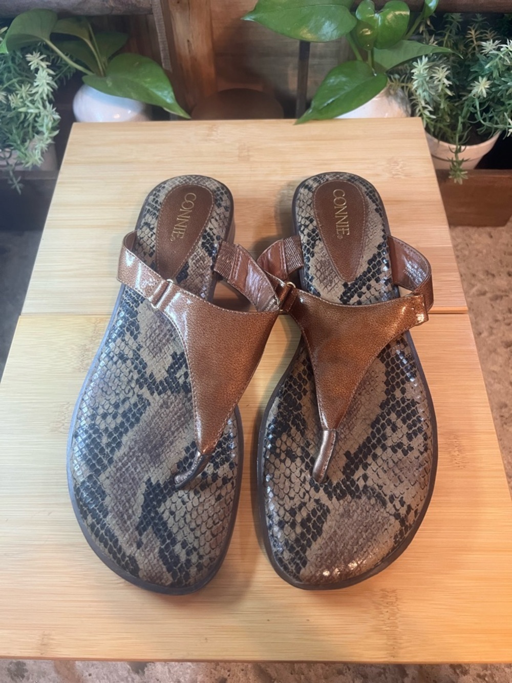 Connie Metallic Brown Snake-Print Thong Sandals
